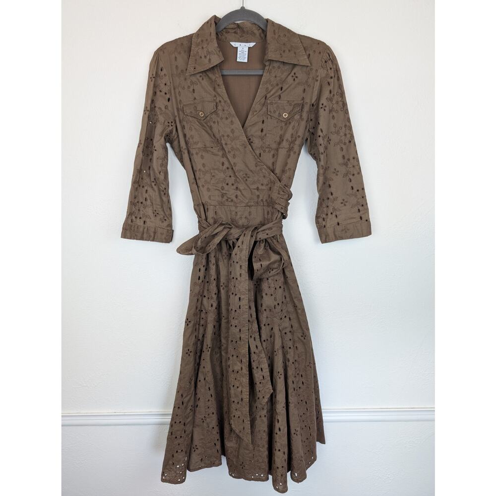 CAbi Midi Dress Floral Eyelet Faux Wrap Shirt Retro Rockabilly Brown Size 8